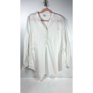 Crown & Ivy Womens White Roll Tab Long sleeve Linen Tunic Top Crochet Trim Large